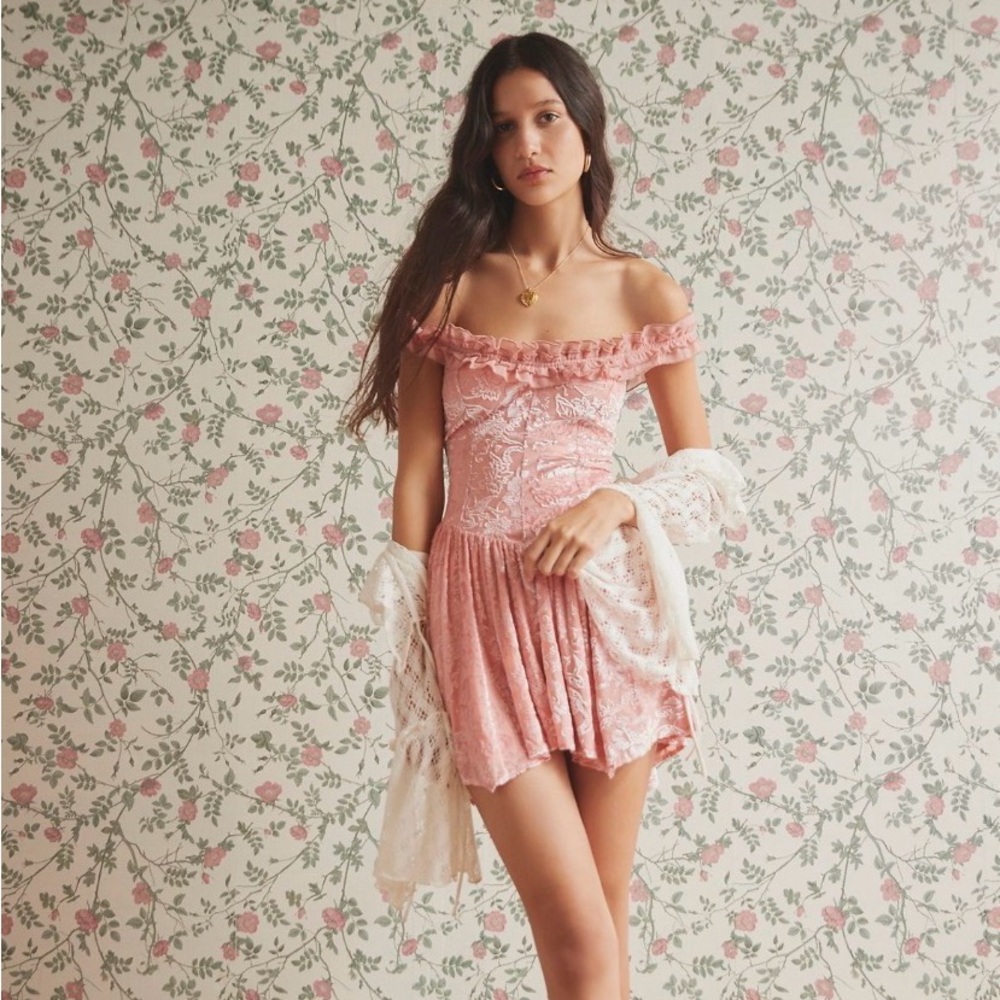 Pink velvet Floral Ruffle Dress/romper kimchi blue
